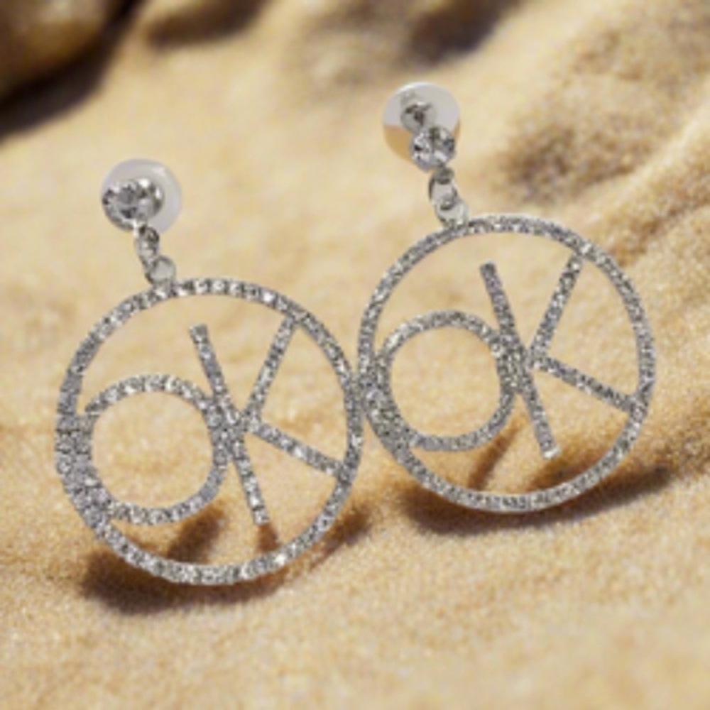 Womens Silver Letter Crystal OK Dangle Drop Hoop‎ Earrings